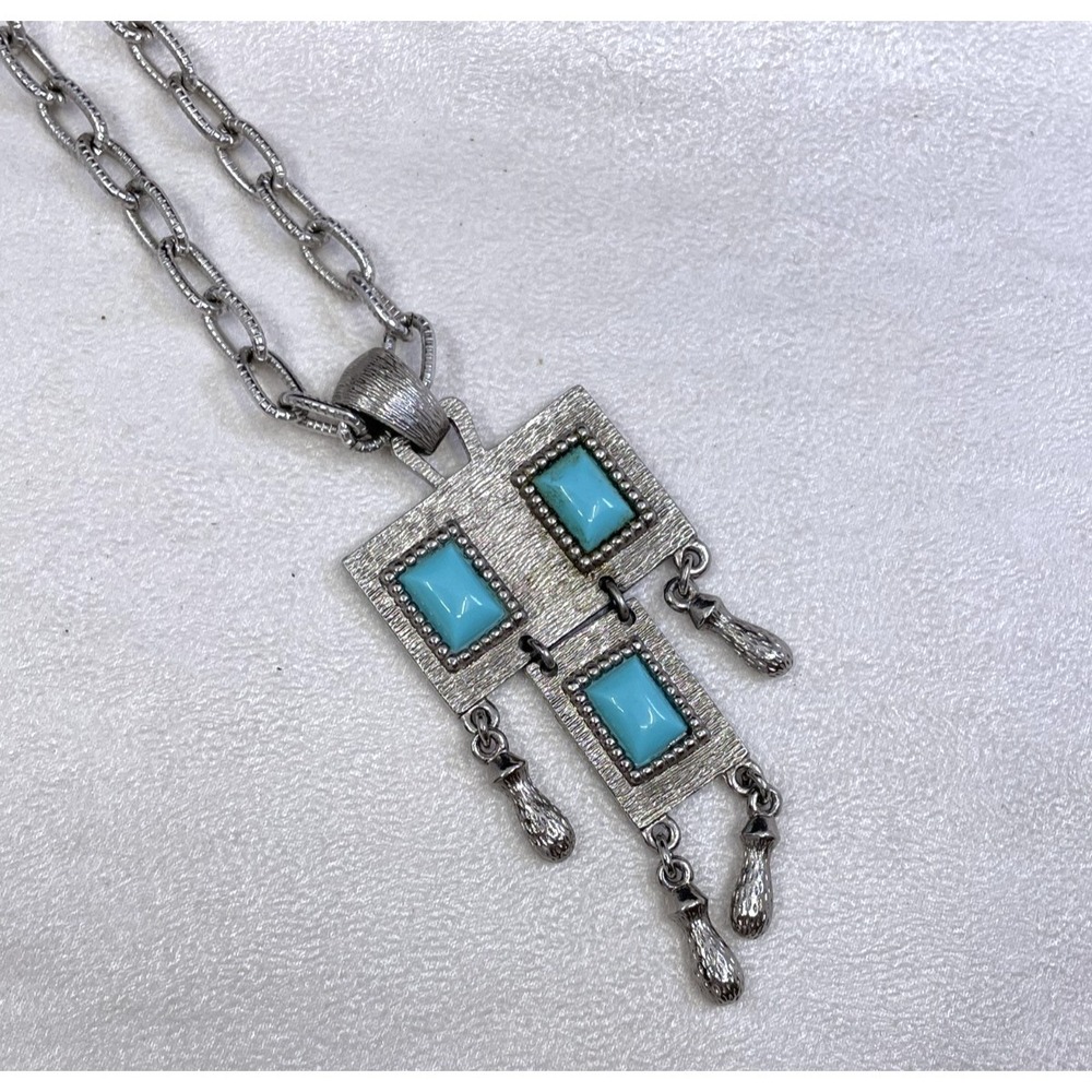 Vintage 1971 Sarah Coventry Folklore Turquoise Pendant Necklace‎ Silver Tone